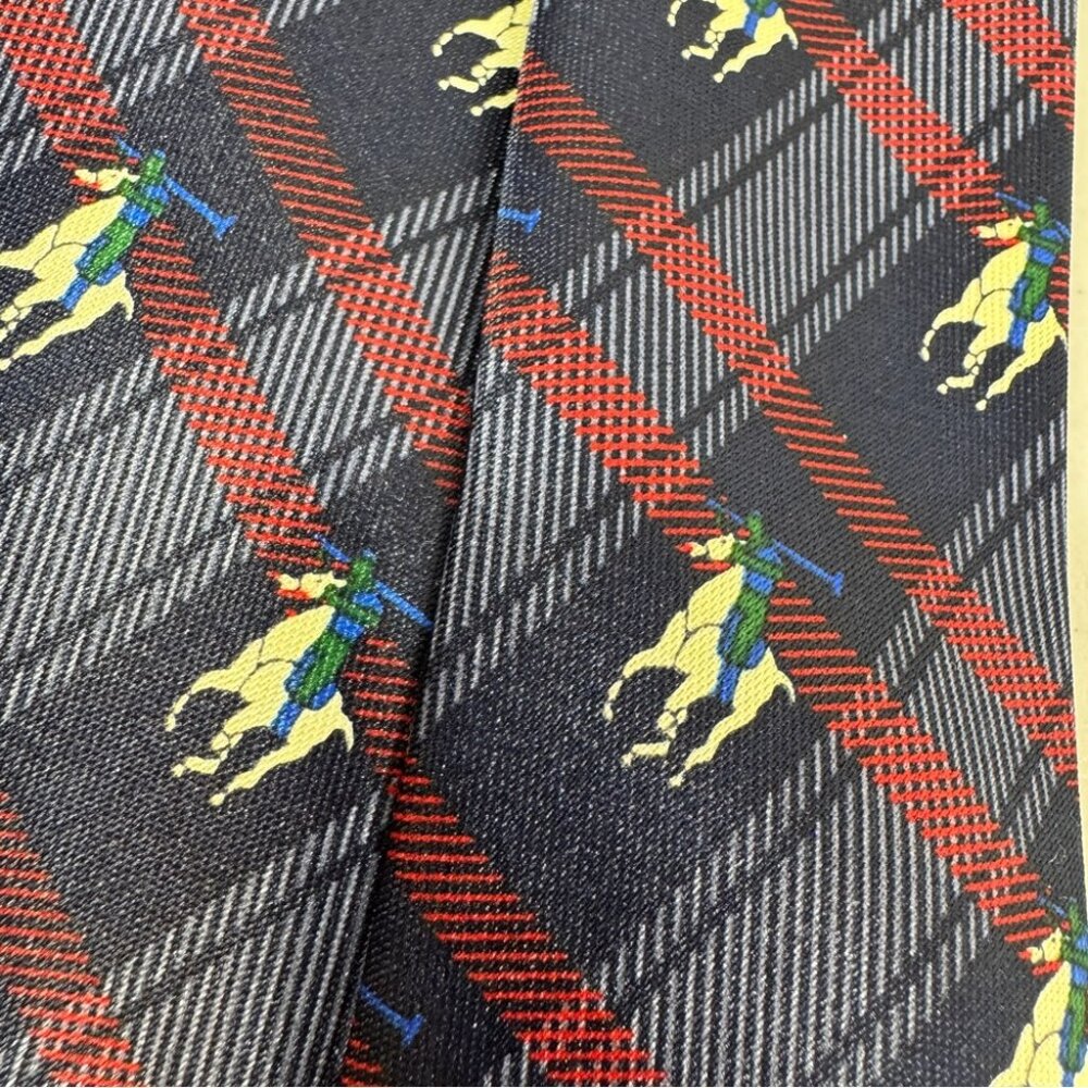 René Chagal Silk Polo Horse Tie Navy Plaid Equestrian Designer Necktie - Picture 8 of 12